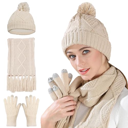 Hat Gloves Scarf Set Women Winter Knit Beanie Hat+Touchscreen Gloves+Long Scarve 3 in 1 Set Gift for Women Girls