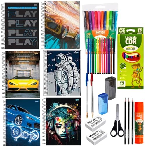 Kit Material Escolar menino Completo 35 Itens | Infantil, Fundamental e Médio | Caderno, Lápis, Canetas, Tesoura e Cola – Volta às Aulas