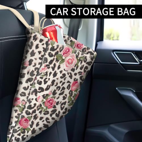 Image of Car Trash Can, Cute Car Trash Bag, Hanging Car Organizer and Storage Bag, Trash Bin for Car Accessories, Vehicle, Travelling, Camping Pink Rose and Leopard