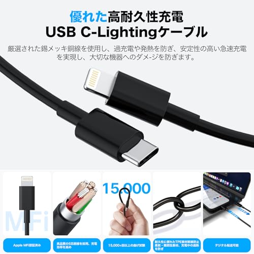 Vulendu iPhone 充電器 20W PD 急速充電 [MFi認証・PSE認証済] USB C - Lightning ケーブル 2m付き2本 Type C スマホ充電器 電源アダプター タイプC アイフォン 純正品質 iPhone/iPad/AirPods その他USB-C機器対応 （ブラック-1個セット）