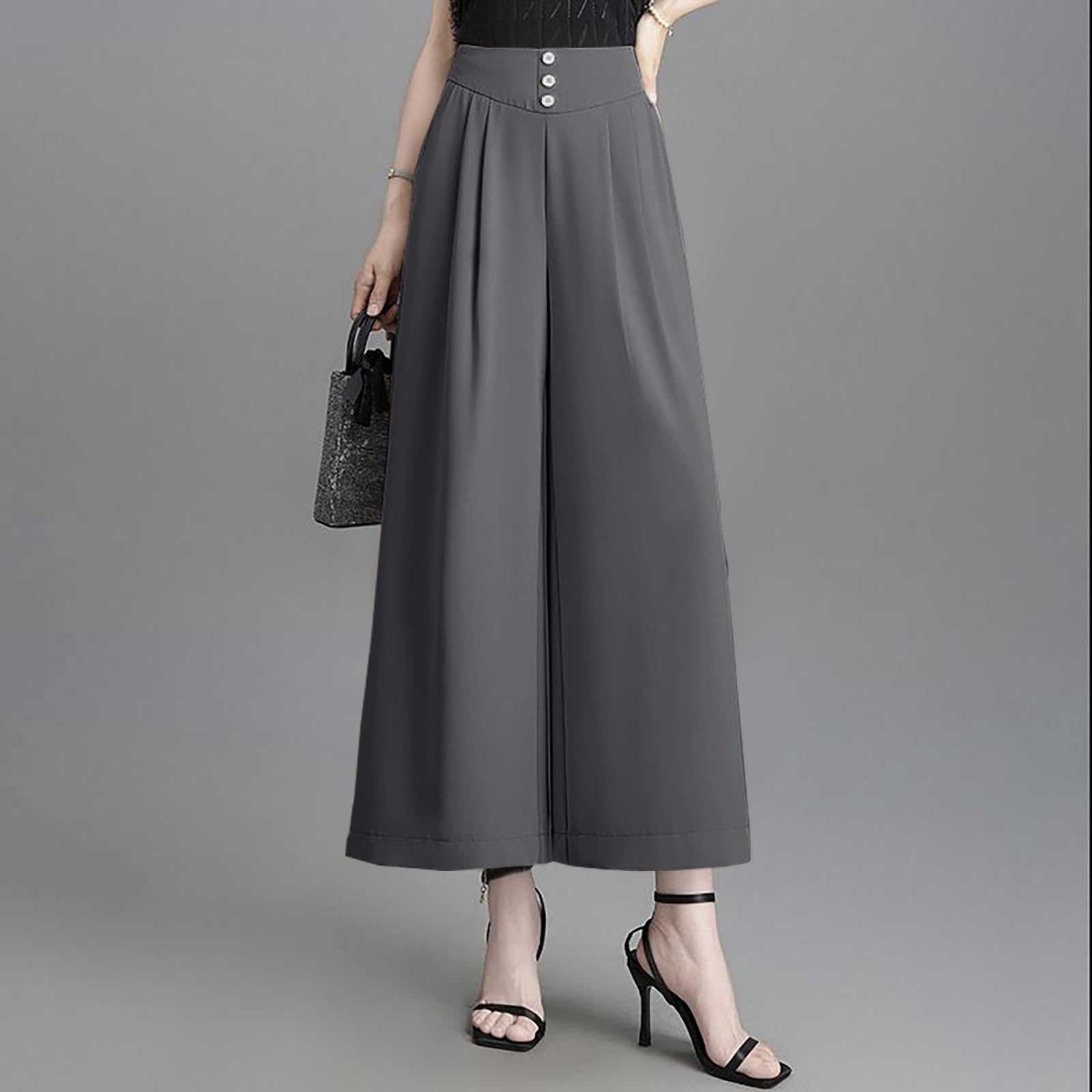 Palazzo - Pantaloni da lavoro da donna, eleganti, in vita elasticizzata, tinta unita, con pieghe, casual, da lavoro, morbidi, comodi, da ufficio, per il tempo libero, 7/8, con tasche
