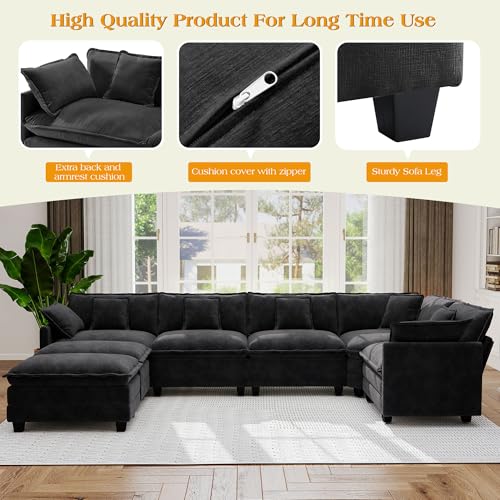 Image of 113.8 inch Modular Sectional Sofa,Cloud Couch for Living Room,Modern Deep Seat Sofa 5 Seater Chenille Fabric Comfy L Shaped Couches with Throw Pillows & Movable Ottoman for Apartment
