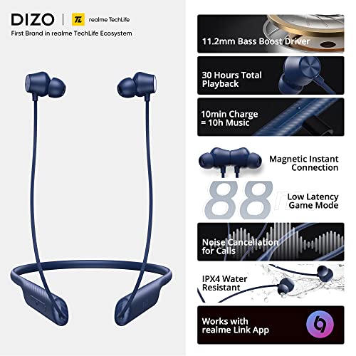 Image of DIZO Wireless Dash (by realme Techlife), with 30H Play and Blink Fast Charging Bluetooth in Ear Headset (Electric Blue)