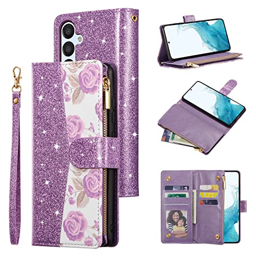 UEEBAI Wallet Case for Samsung Galaxy S24 5G, High-End PU Leather Magnetic Handbag Zipper Pocket Case Kickstand Card Holder Slots Wrist Strap TPU Shockproof Rose Flip Cover for Women - Bling Purple