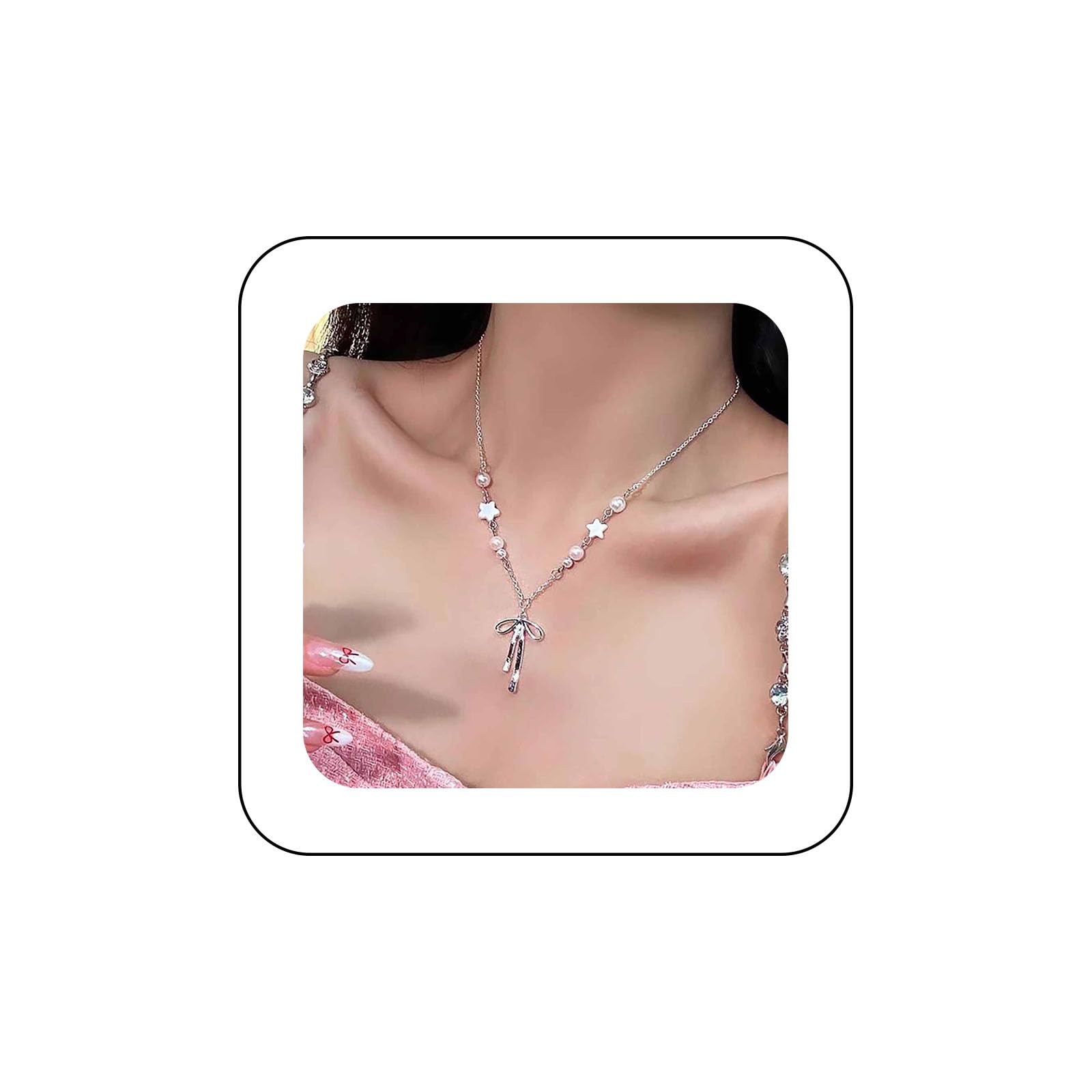 Erimberate Bohemian Pearl Bow Choker Necklace Silver Bow Tie Pendant Necklace White Star Pearl Collar Necklace Minimalist Bow Chain Necklace Jewelry