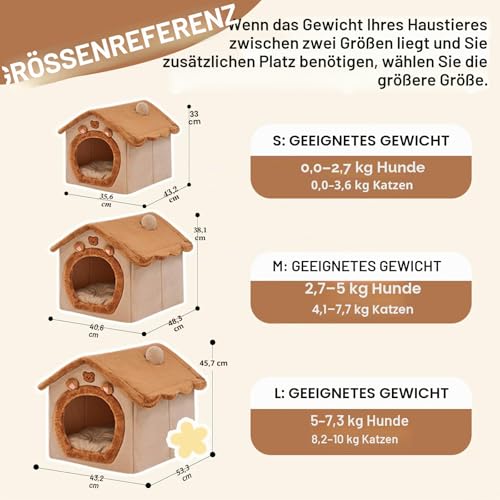 Jiupety Hundehöhle Kleine Hunde mit süßen Bärenohren, Hundehütte Indoor für Kleine Hunde, Hundehaus für Drinnen, Größe L Hundebett mit Dach, Brown Bear