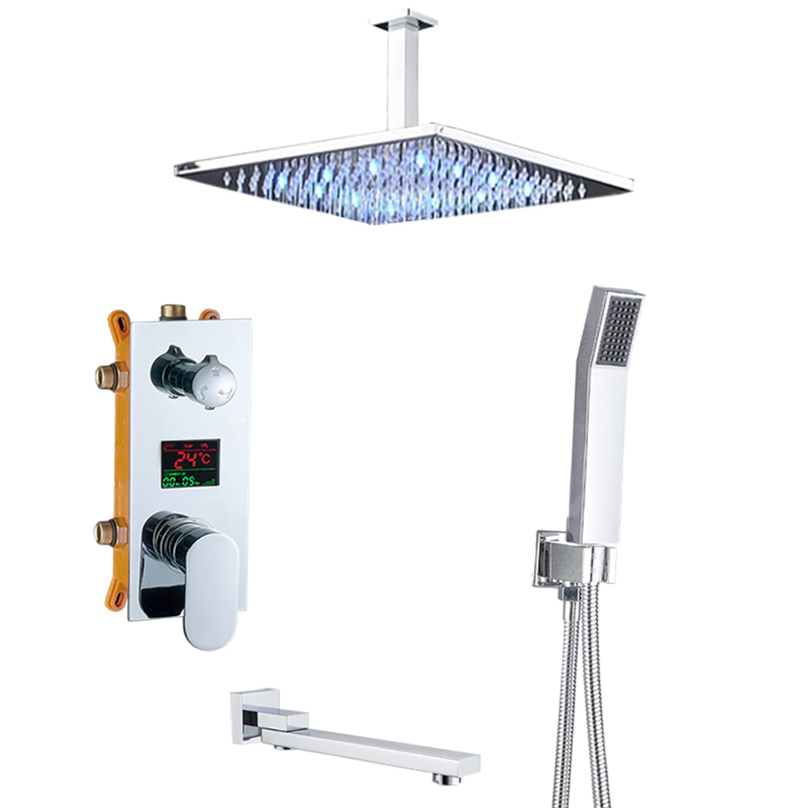 Système de pommeau de douche encastré chromé haute finition et design LED