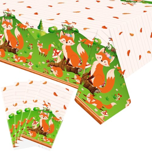 Ywediim 4 Pack Fox Themed Party Tablecloth, Fox Birthday Party Supplies Table Cover Decorations Tablecloth Party Favors for Girl Boy Fox Theme Baby Shower Birthday Party Decorations 52 x 86 Inch