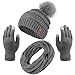 Aneco Womens Winter Warm Sets Knitted Fur Pompoms Beanie Hat Circle Loop Scarf Touch Screen Gloves Winter Favor Accessories