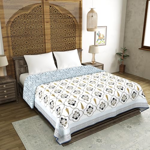 Image of BLOCKS OF INDIA 100% Cotton Dohar King Size Reversible Hand Block Printed Malmal Summer Dohar /Blanket (Color 56)