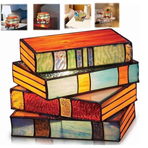 RERUICO Stained Glass Stacked Books Lamp Vintage Desk Lamp Small Reading Book Lamp Decor Stained Glass Nightlight
