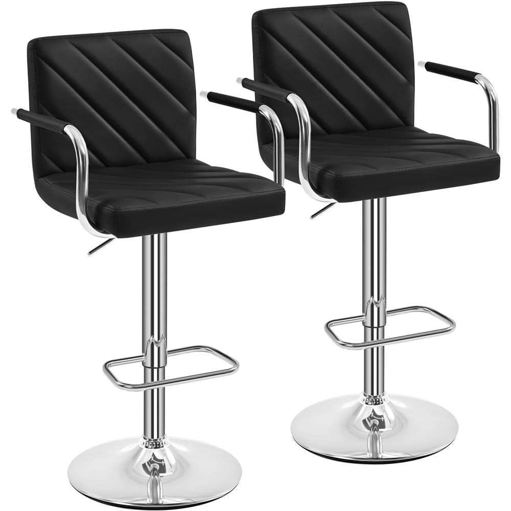 Yaheetech Lot de 2 Tabourets de Bar avec Accoudoirs Réglables en Hauteur Siège Rotatif sur 360°, Chaises de Bar en Similicuir et Pied en Métal, Tabouret Haut Moderne pour Bar Salle à Manger Noir