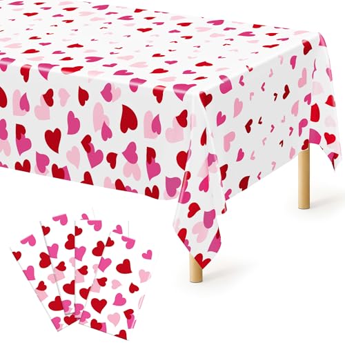Image of 4 Pack Valentines Decorations, 108 inch X 54 inch Valentines Tablecloths, Heart-shaped Disposable Red Pink Tablecloths Love Plastic Table Cover, Galentines Decorations Party Supplies for Wedding Birthday