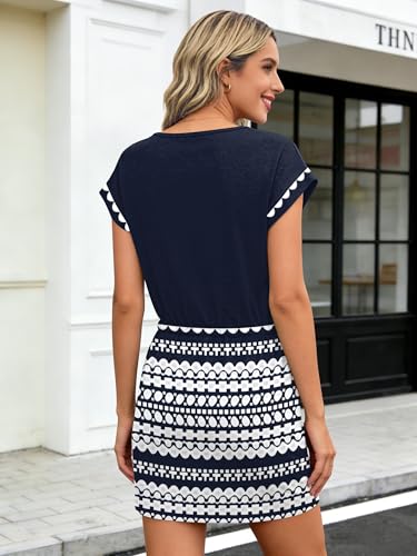 Image of SAUKOLE Women Summer T Shirt Dress Casual Short Sleeve V Neck Dress with Pockets Drawstring Waist Short Dresses
