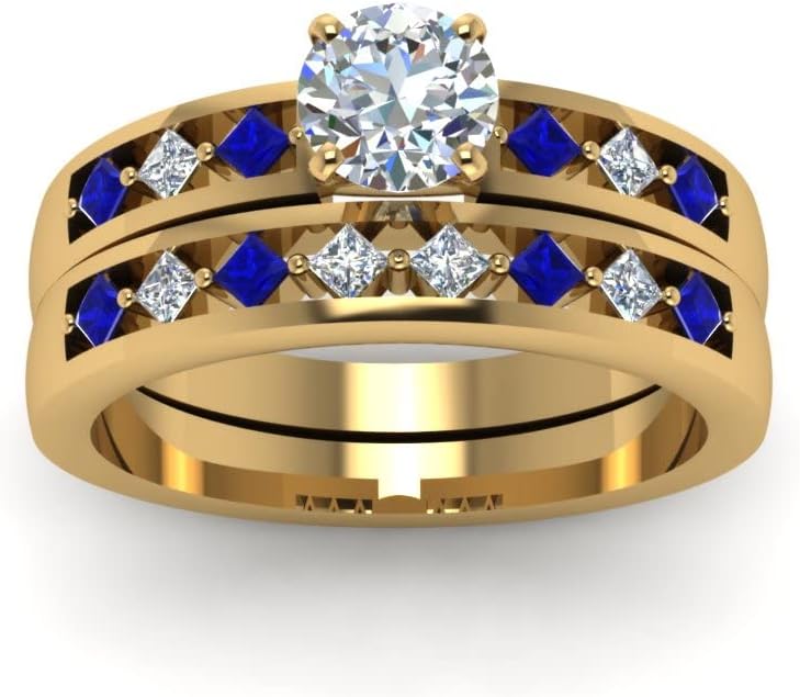 Choose Your Gemstone Kite Diamond CZ Ring Setting with Matching Band Yellow Gold Plated Round Shape Wedding Ring Sets Minimal Modern Design Birthday Gift Wedding Gift US Size 4 to 12