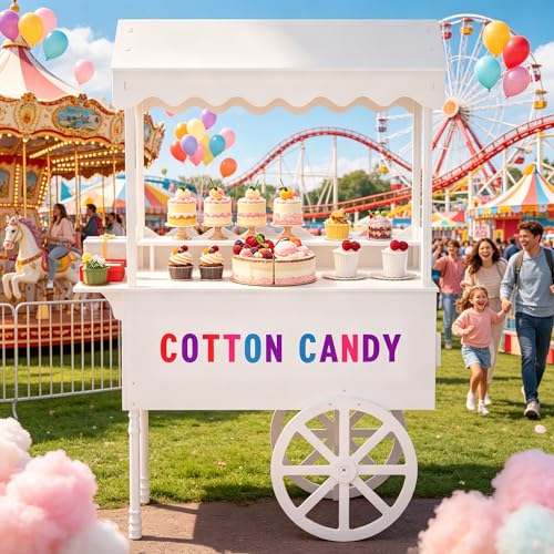 Candy Cart Display Stand for Parties, Cake Stand with Bottom Storage Cabinet & DIY Color Letter Stickers - Vintage Dessert Decoration Cart for Weddings, Birthdays, Baby Shower, Street Food & Events