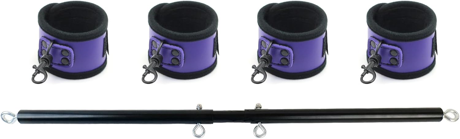 3 in 1 Heavy Duty Stainless Steel Expandable Black Spreader Bar with 4pcs PU Leather Purple Adjustable Straps,Workout Bar for Home Gym Training Bar,Portable Detachable Pilates Kit