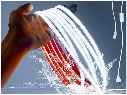 Striscia LED COB (lunghezza 5 metri) 296LEDS/M, 220V Connessione diretta EU senza trasformatore, protezione IP65, uso interno ed esterno, per soffitti, soggiorno, cucina, bagno, ufficio. (6500 K