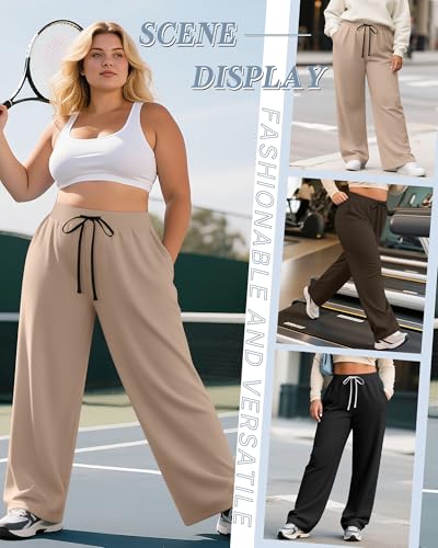 Neer 3 Pack Women's Plus Size Yoga Sweatpants Drawstring Lounge Pants with Pockets Baggy Loose Workout Open Bottom Joggers4