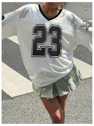 Oversized Jersey Women V Neck Tshirt Number Graphic Tee Y2k Streetwear Short Sleeve Top3