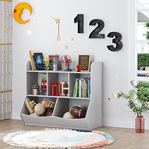 Image of A1 Craft Toy Storage Organizer with Bookshelf, 5-Cubby Children's Toy Shelf, Toy Storage Cabinet, Suitable for Children's Room, Playroom, Hallway, Kindergarten, School Color: Gray