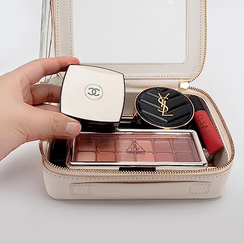 Makeup Bag for Women, Clear Cosmetic Bags Travel Toiletry Bag, Heavy Duty Makeup Organizer, Cute Makeup Case Bag Accessories with Clear Windows & Gold Zippers(White) - Image 4