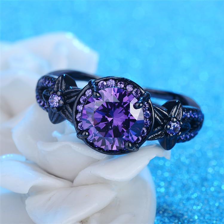 Black Gold Plated Antique Women's Flower Ring Retro Oxidized Finished Round Cut Created Amethyst CZ Cubic Zirconia Filled Engagement Promise Wedding Vintage Band for Mom Lover 7#2