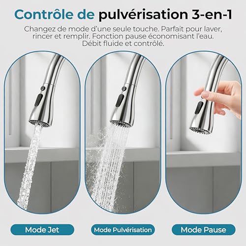 Mitigeur Cuisine Évier Arc Élevé MELTA avec 3 modes jet et tête extractible - 5