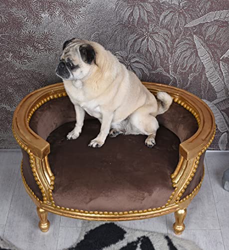 Hundebett „Marie Antoinette“ – Barock-Rokoko Haustierbett mit antik-patiniertem Holzrahmen & Volutenform, H40×B70×T47 cm cat704a70 Palazzo Exklusiv