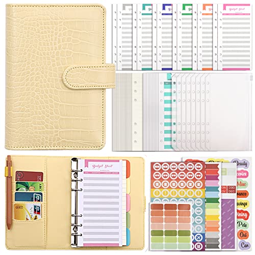 Zateety Classeur budgétaire A6, classeur à anneaux en cuir avec 12 pochettes en plastique transparent, organiseur de billets, portefeuille pour voyage et agenda Cover