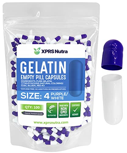 Image of XPRS Nutra Size 4 Empty Capsules - 1000 Count Small Empty Gelatin Capsules - Pills DIY Capsule Filling - Fillable Pure Bovine Pill Gel Caps for Do-It-Yourself Supplements (Purple /White)