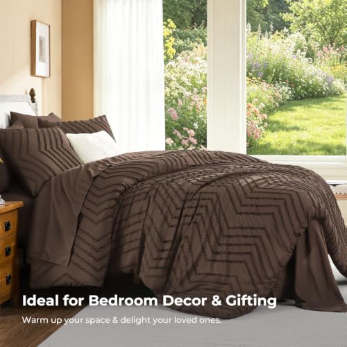 Image of Litanika Super King Size Comforter Set with Sheets Brown - 7 Pieces Bed in a Bag Oversized King Boho Tufted Complete Bedding Sets with Comforter, Sheets, Pillowcases & Shams