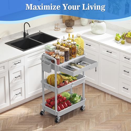 Image of SUNALLY 3 Tier Rolling Cart with Drawer, Bathroom Storage Organizer with 2 Lockable Wheels, Multifunctional Rolling Storage Cart for Bathroom, Kitchen, Office, Craft, Makeup, Baby Essentials, Gray