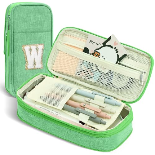 Image of Preppy Pencil Case for School Supplies, Large Initial Pencil Pouch with Zipper, Cute Pencil Bag for Office Supplies, Aesthetic Pen Case Box for Kids Teen Girls Women - W(Green)