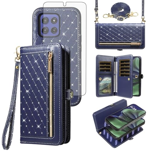 Phone Case for Motorola Moto G Stylus 5G 2025 Zipper Wallet Detachable Magnetic Cell Cover with Screen Protector Crossbody Lanyard Strap Bling Glitter Flip Credit Card Holder Slots Women Dark Blue