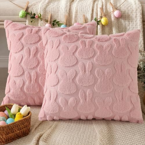 Image of decorUhome Easter Bunny Pillow Covers 20x20 Inch Set of 2, Soft Plush Faux Wool Jacquard Pink Rabbit Cushion Covers, Farmhouse Neutral Spring Easter Holiday Decor for Couch Sofa Bed