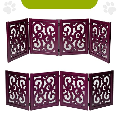 Ashfield & Harkness: 4-Panel Pet Gate - Scroll Mahogany - Wooden Foldable Freestanding Dog Fence, 80 x 23.5, Doorway-Halls-Stairs, 360 Rotated Hinges