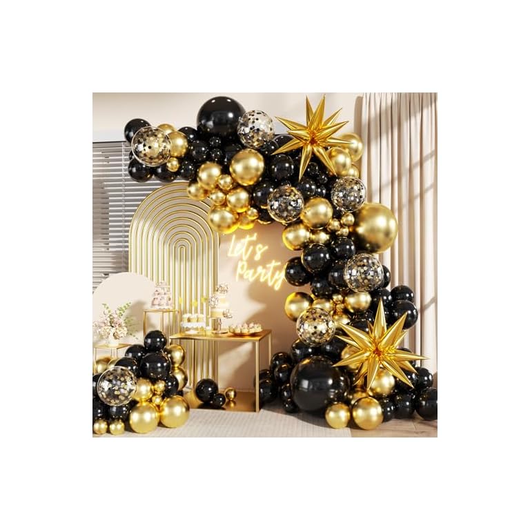 Black and Gold Balloon Garland Arch Kit, 140Pcs Black Gold Confetti Balloons with Stars for Birthday Graduation New Year Retirement Anniversary Wedding Engagement Party Decorations