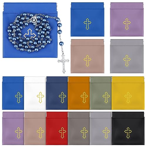 Wesnoy 12 Pcs Squeeze Rosary Pouch with Gold Cross Imprint Design Beautiful PU Leather Rosary Case (Multicolor)