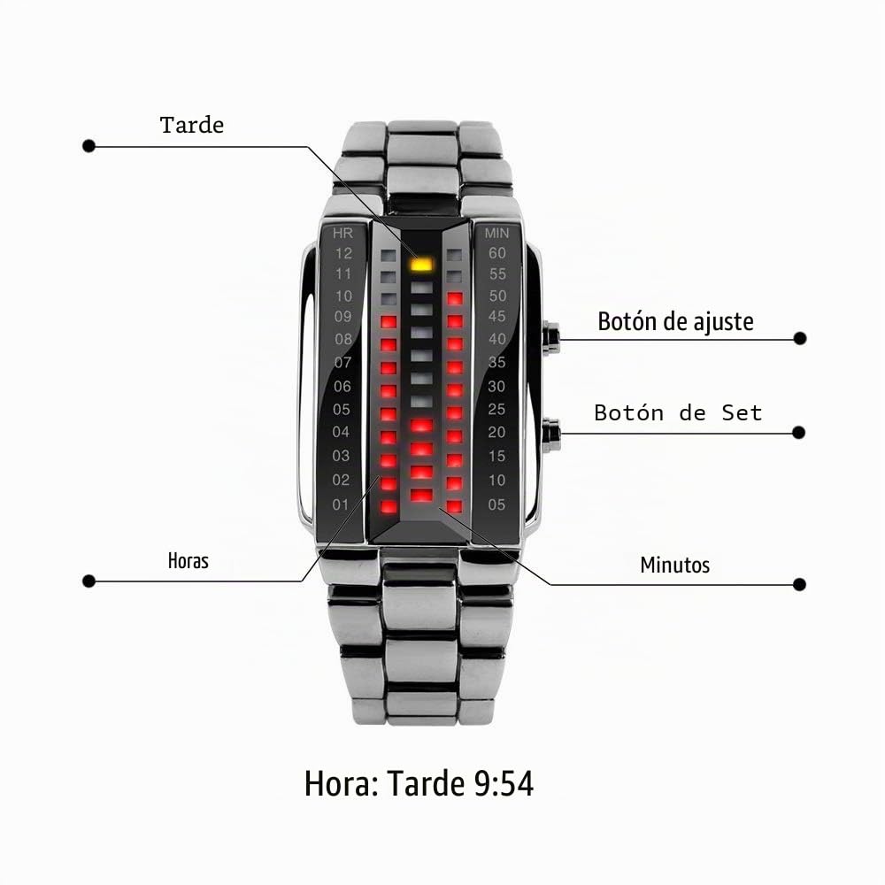 Unico Binario Relojes de Pulsera de Hombre y Mujer Calendario Rojo LED Digitales Luminosidad Acero Inoxidable Negro Rectangular Fashion Casual Estilo Reloj, Plateado