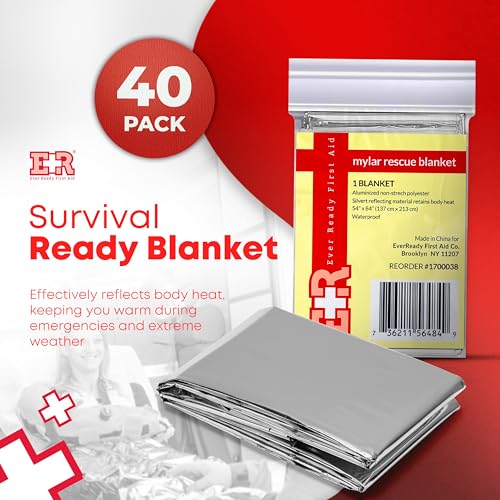 Mylar Emergency Thermal Blankets – Large 54” x 84” Silver Survival Blankets for Outdoors, First Aid, Camping, Hiking, Disaster & Emergency Preparedness - 40 Count