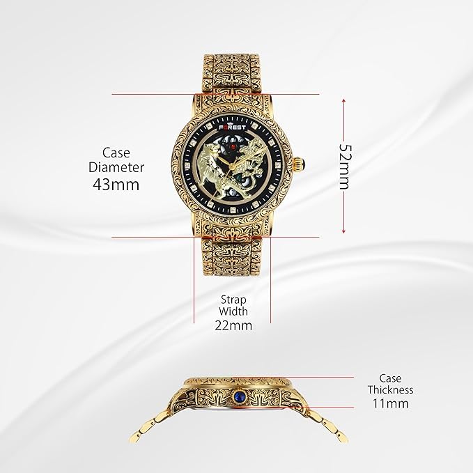 Image of Luxury Gold-Tone Tiger Skeleton Dial Watch, Vintage Carved Pattern Band, Quartz Movement (Black Case)