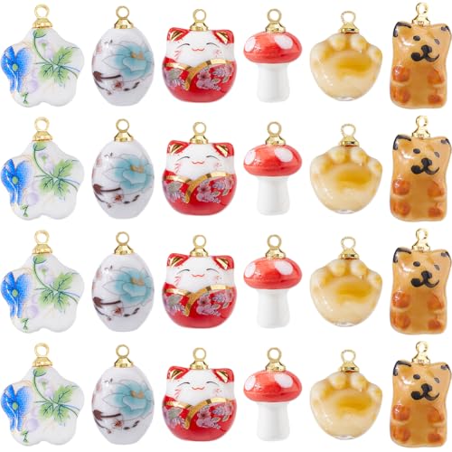 SUPERFINDINGS 24 piezas 6 estilos de cerámica encantos pintura porcelana colgantes coloridos vintage colgantes dulces perros gatos flores y setas colgantes para pulseras, pendientes fabricación de