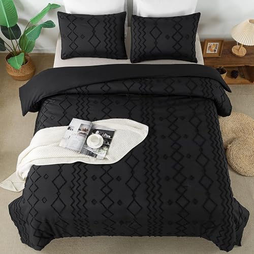 Image of Andency Black Tufted Comforter Set Queen(90x90Inch), 3 Pieces(1 Tufts Comforter, 2 Pillowcases) Boho Textured Farmhouse Bed Set, Down Alternative Geometric Bedding