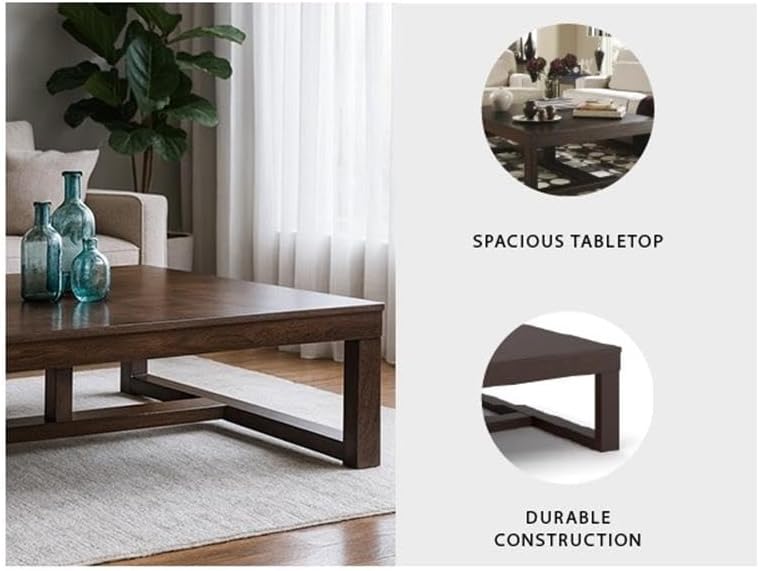 BOWERY HILL Oversized Rectangular Coffee Table, Dark Brown Finish, 56 in x 42 in x 16 in, Contemporary Design, Oil-Rubbed Distressing, Mid-Century Style Living Room Table