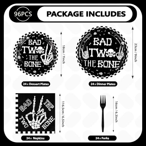 Image of Greencian 96Pcs Bad Two The Bone 2nd Birthday Party Supplies, Serve 24 | Black White Rock Plates and Napkins Bone Skull 2nd Birthday Tableware Set for Boy Skeleton Rock And Roll Party Decorations