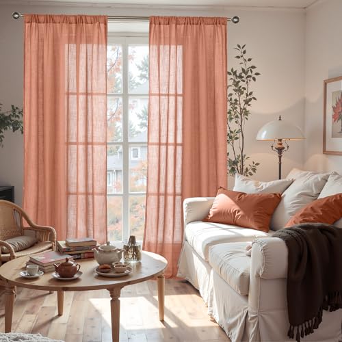 Image of BGment Terracotta Linen Curtains 60 X 84 Inch Length, Wide Semi Sheer Drapes for Living Room Bedroom Dining Decor Rod Pocket Lightweight, 2 Panels Set, Each 60 Inch Wide