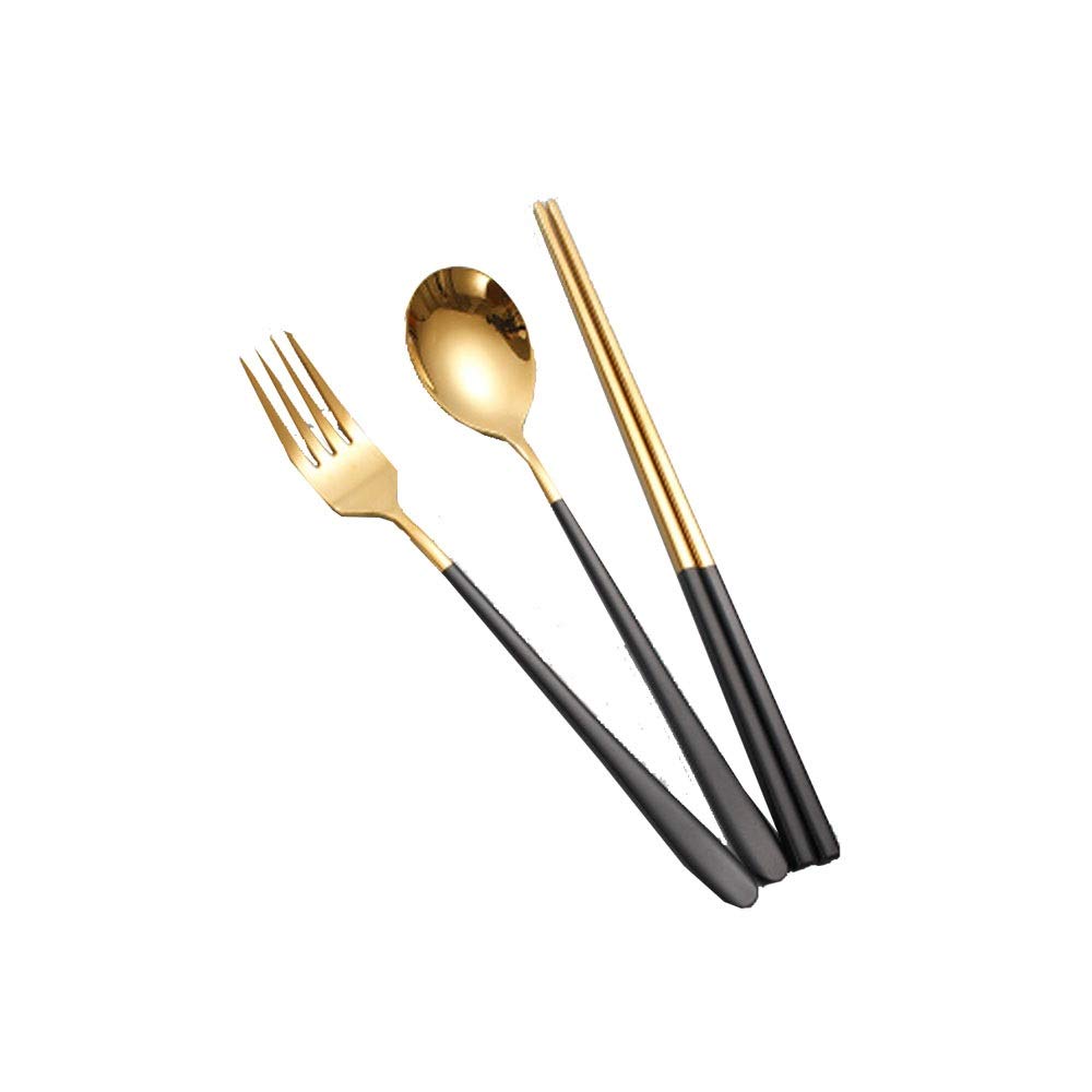 YOIQI Spoon， Stainless Steel Chopsticks, Spoons, Forks, Household Tableware Set, Single Three-piece Suit, Easy To Go Out and Carry On A Picnic (Color : Hortel�)