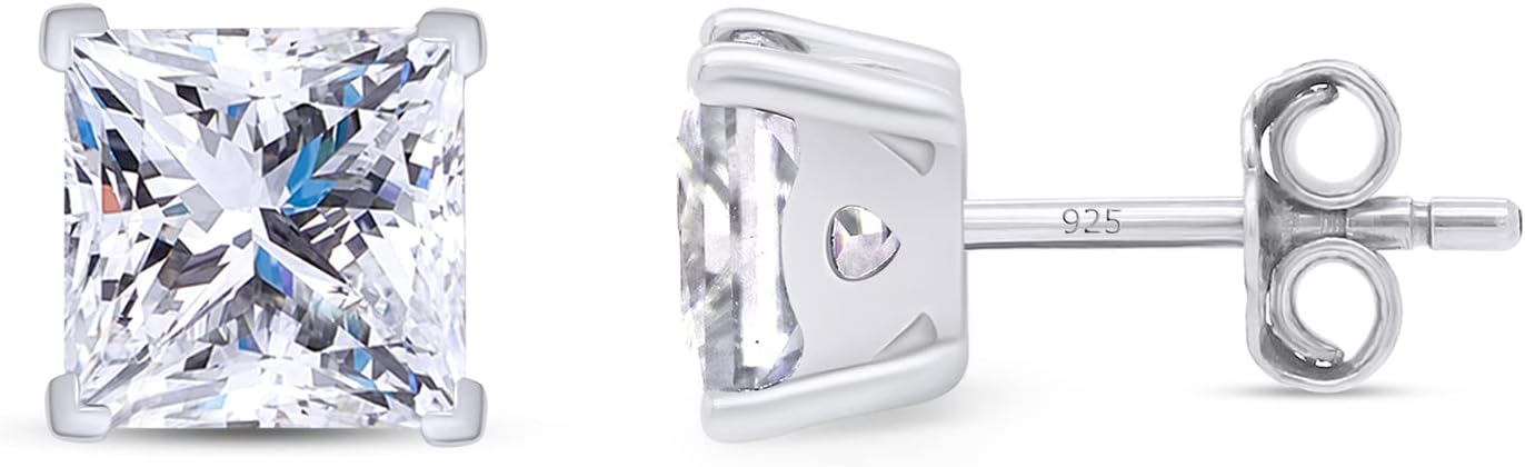SAVEARTH DIAMONDS Princess Cut Lab Created Diamond Moissanite Square Stud Earrings, 925 Sterling Silver with 18K Gold Over 925 Sterling Silver