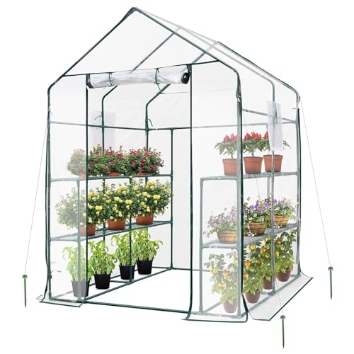 VIVOSUN 57x57x77-Inch Transparent Mini Walk-in Green House with Window and Anchor, Plant Garden Hot House 2 Tiers 8 Shelves, 4.7 x 4.7 x 6.4 FT
